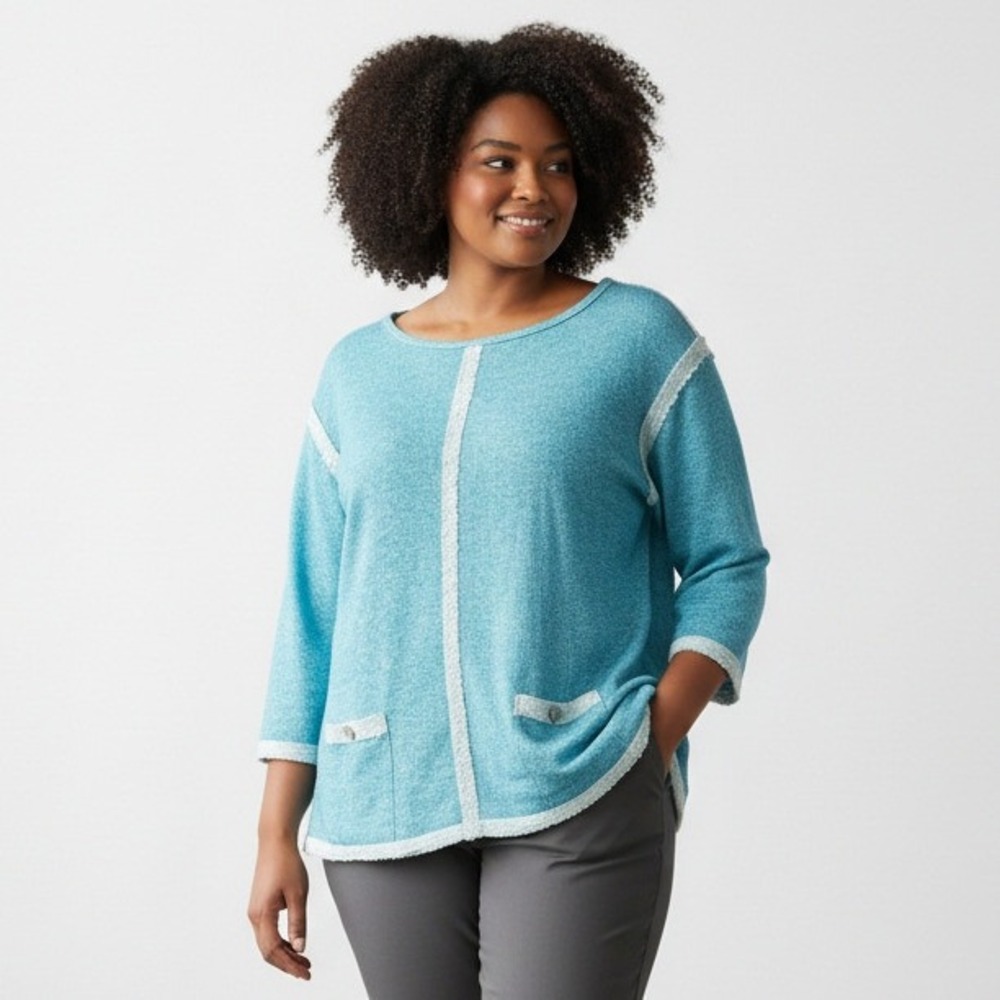 Ali Miles Blue Textured Top Knit Relaxed Fit Casual Long Sleeve‎ W/ Pockets XL